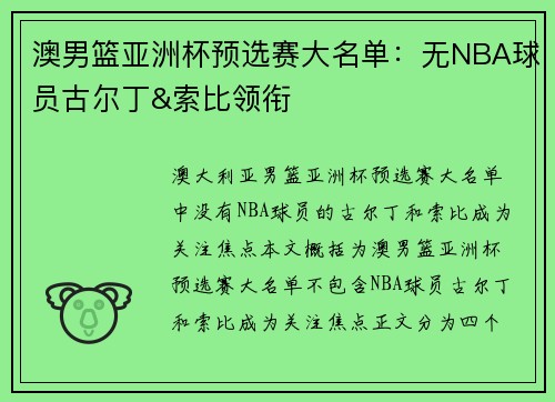 澳男篮亚洲杯预选赛大名单：无NBA球员古尔丁&索比领衔